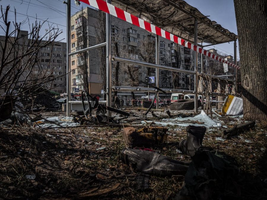 Devastated bus stop after bombing in Kiev