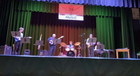 Photo shows the Stage Band (to be renamed Modern Music Ensemble) performing at their last Winter Concert.